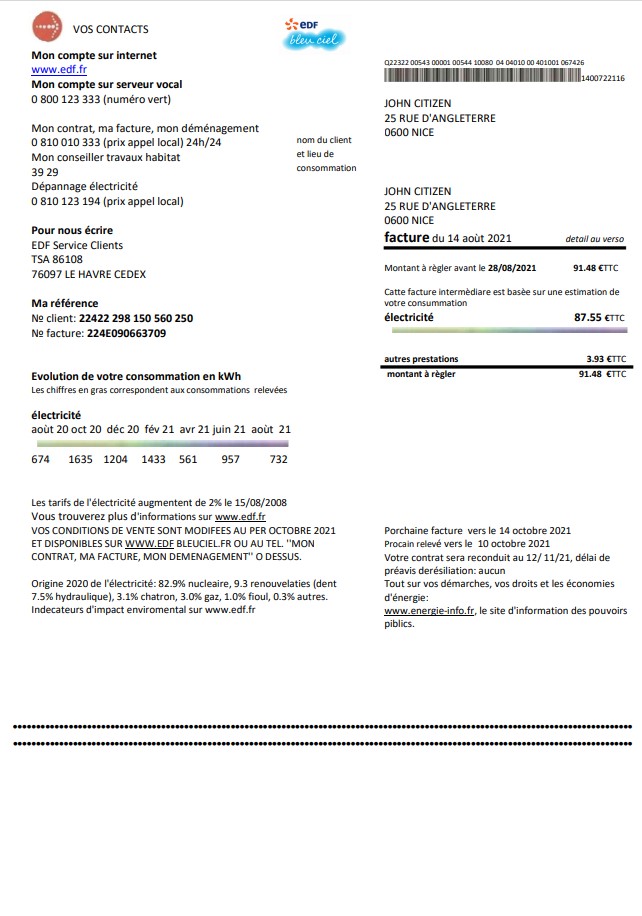 France EDF proof of address utility bill template in Word and PDF format